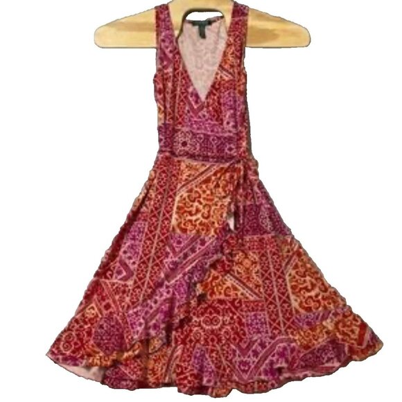 LAUREN RALPH LAUREN Red Pink Tan Sleeveless Patchwork Print Faux Wrap Dress Sz L - Picture 1 of 9